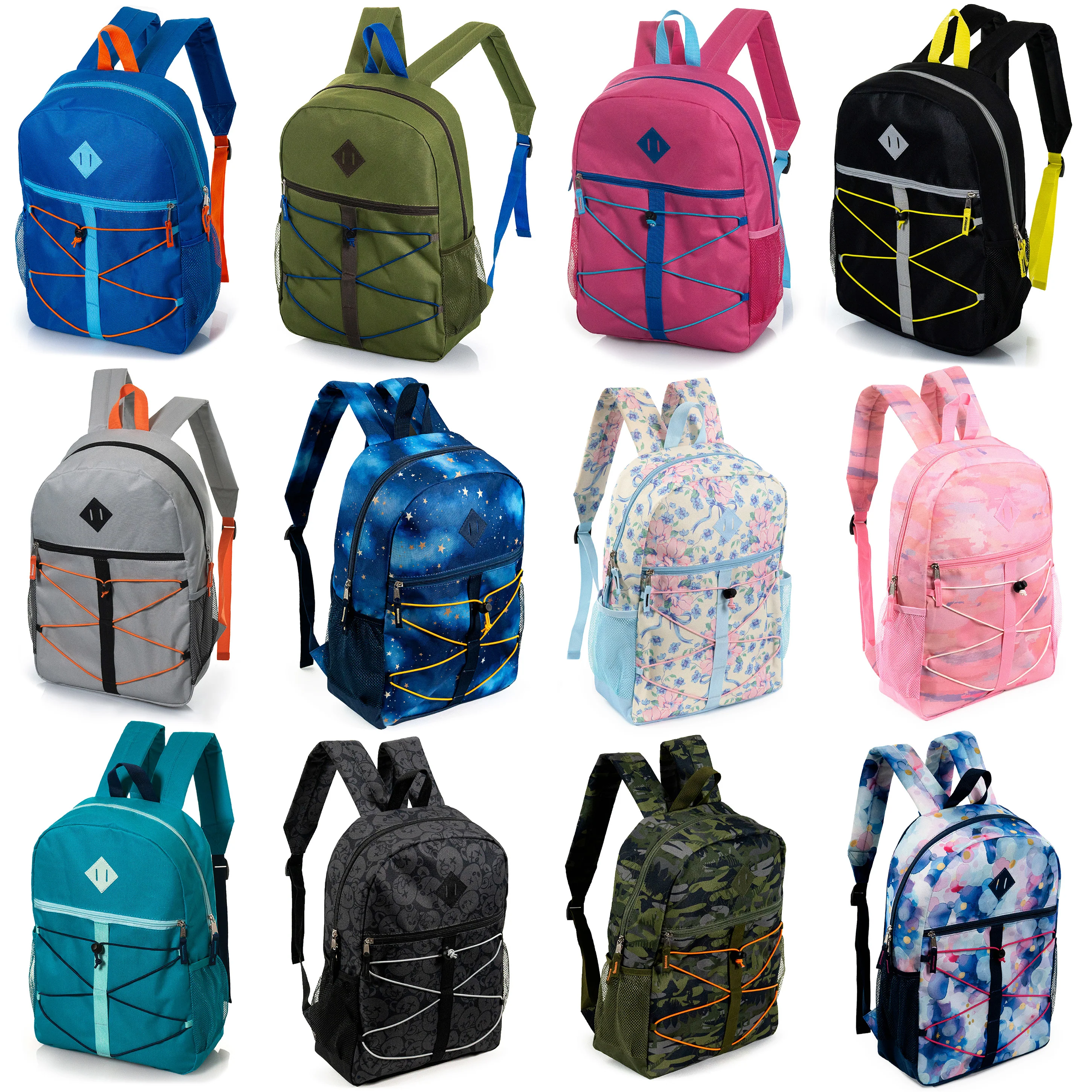 17" Wholesale Bungee Backpacks in 12 Assorted Colors & Prints - Bulk Case of 24 Bookbags
