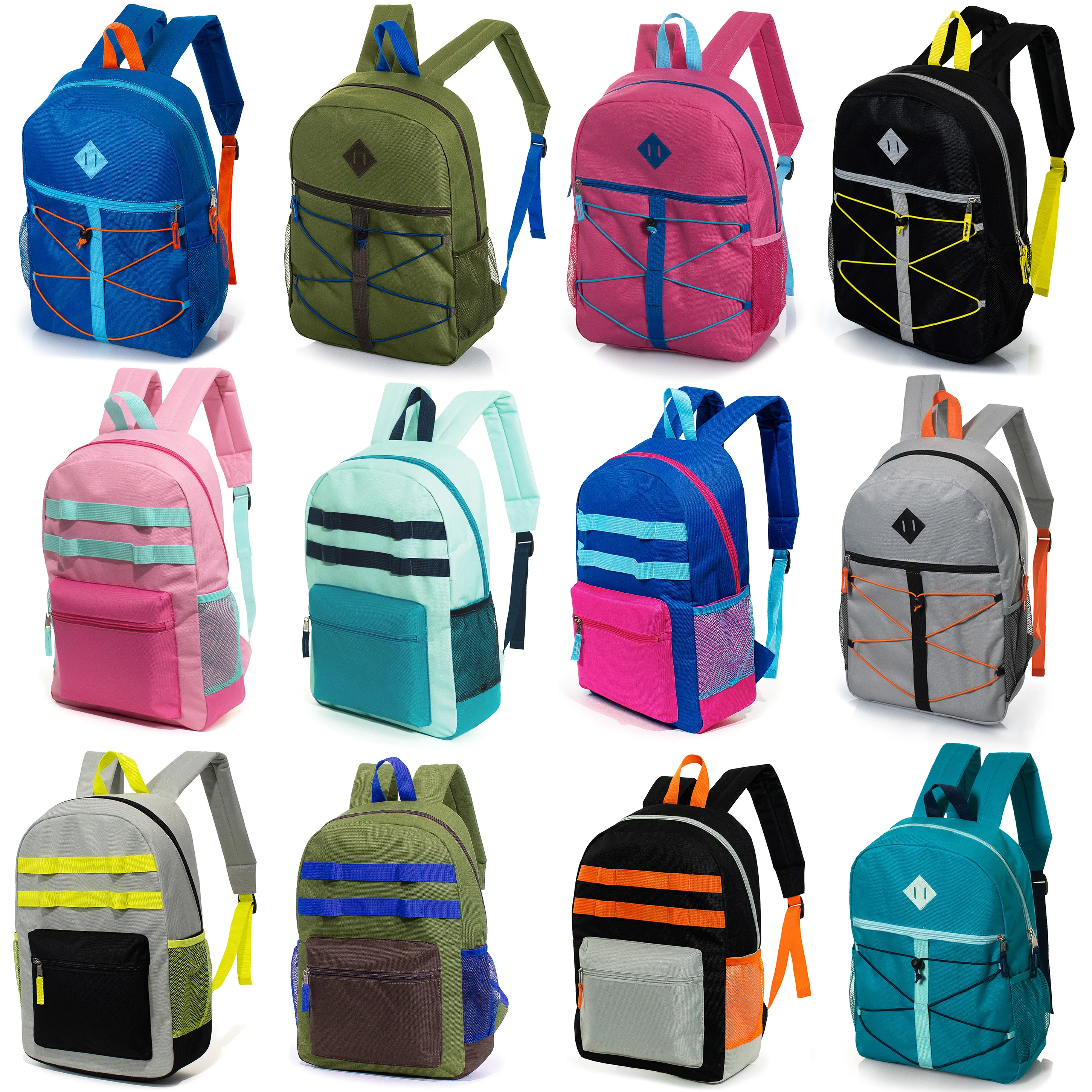 17" Wholesale Backpacks | 2 Different Prints | Dual Mesh Side Pockets - Bulk Case of 24 Bookbags
