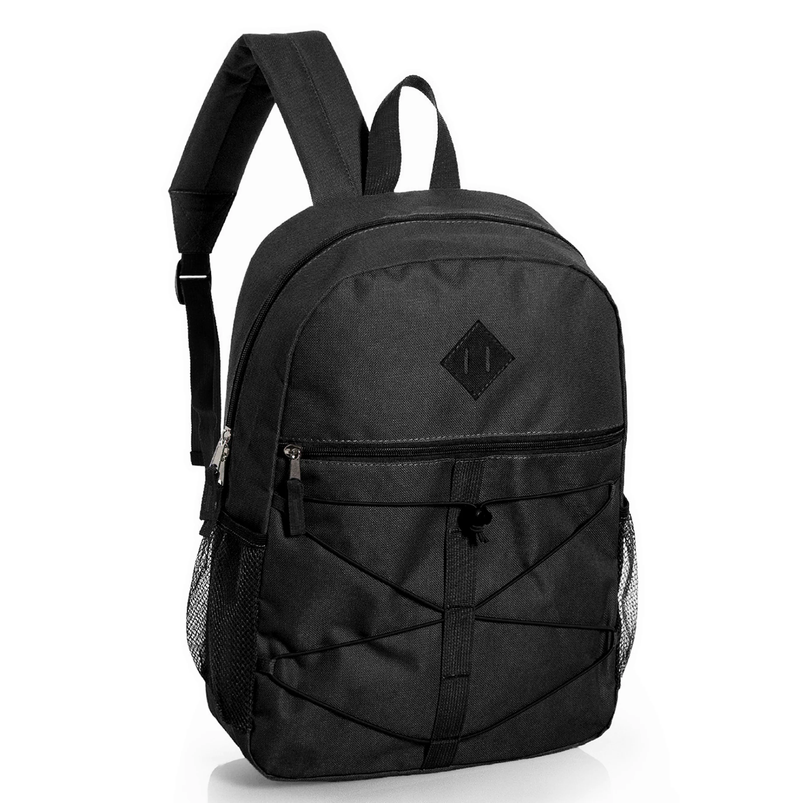 18" Wholesale Bungee Backpacks in Black with 2 Side Pockets - Bulk Case of 24 Bookbags