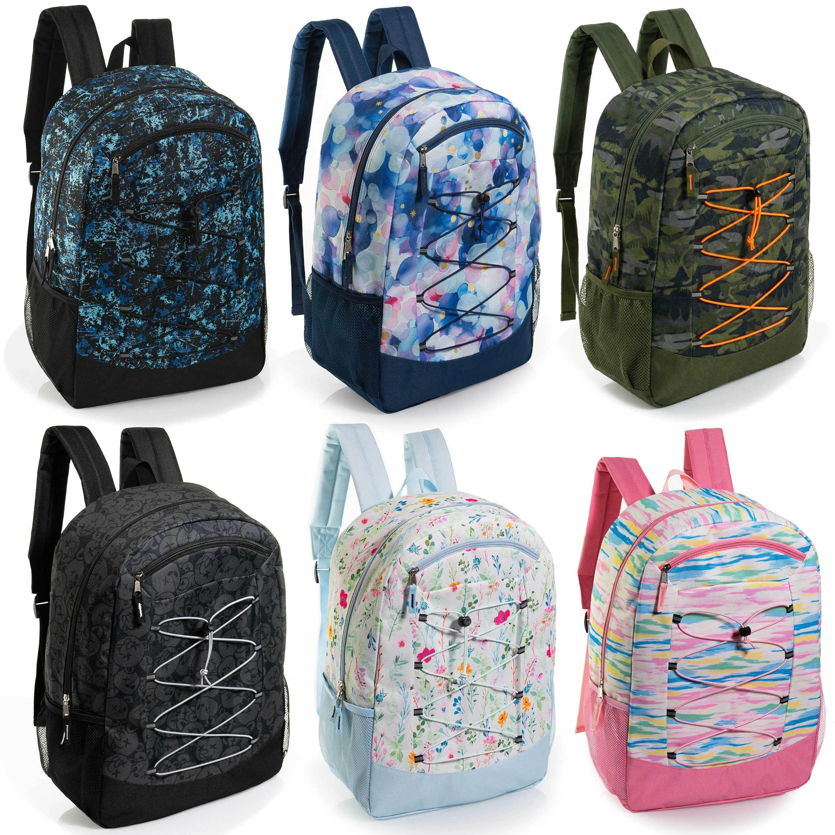 19" Wholesale Bungee Backpacks | 6 Prints & Colors | 2 Mesh Side Pockets - Bulk Case of 24