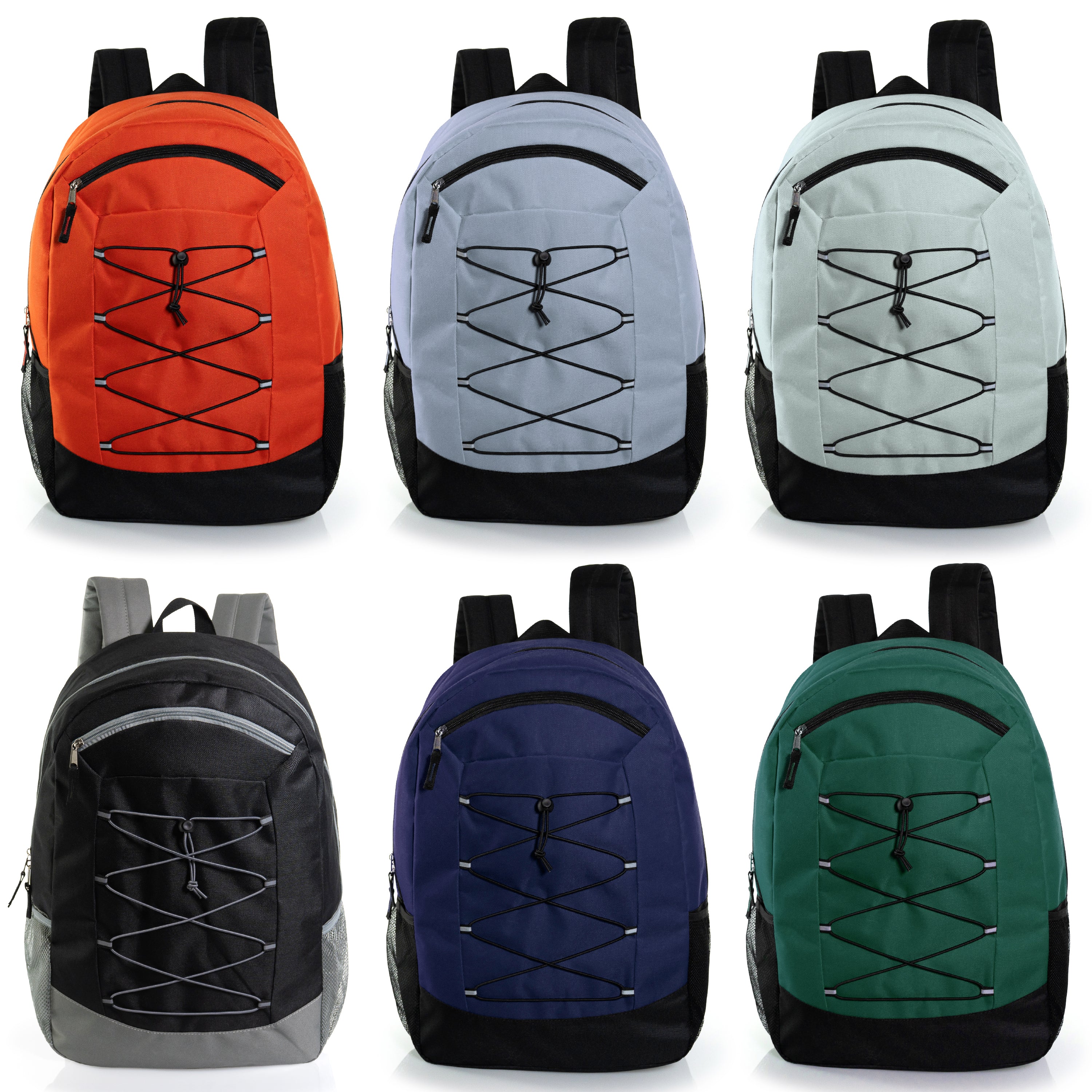 19" Wholesale Bungee Backpacks in 6 Colors | Dual Mesh Side Pockets - Bulk Case of 24 Bookbags